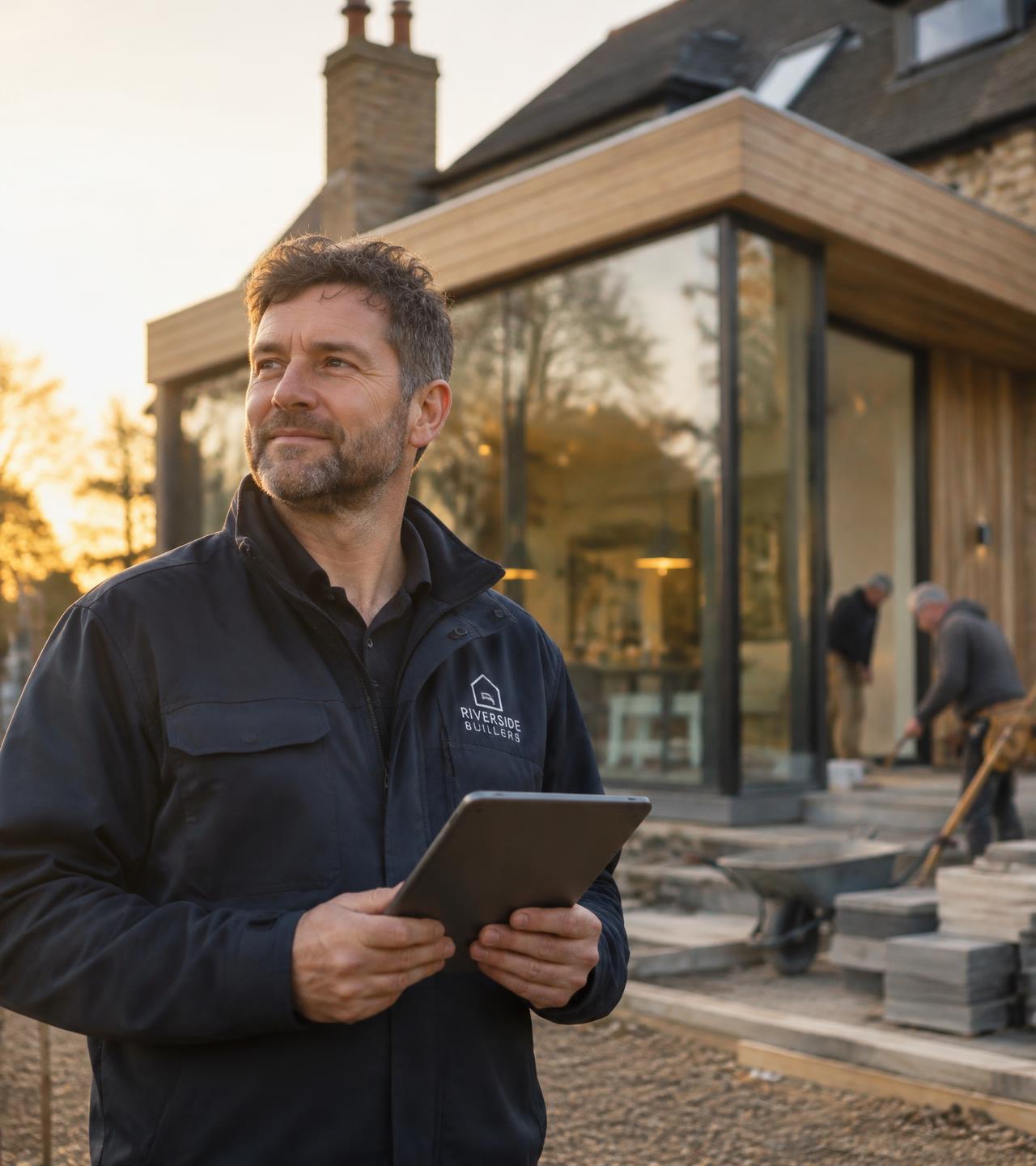 Builder reviewing jobs on a tablet outside a finished extension